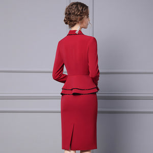 Autumn New Design Maroon Blazer Skirt Faux Two Piece Peplum Frilled Pencil Formal Dress