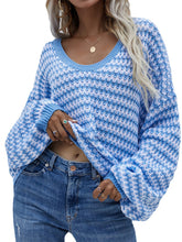 Load image into Gallery viewer, women v neck jacquard striped sweater pullover
