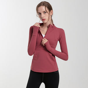 Women Long Sleeve Half Zip Up Elastic Gym Running Yoga Fitness T shirt Jackets