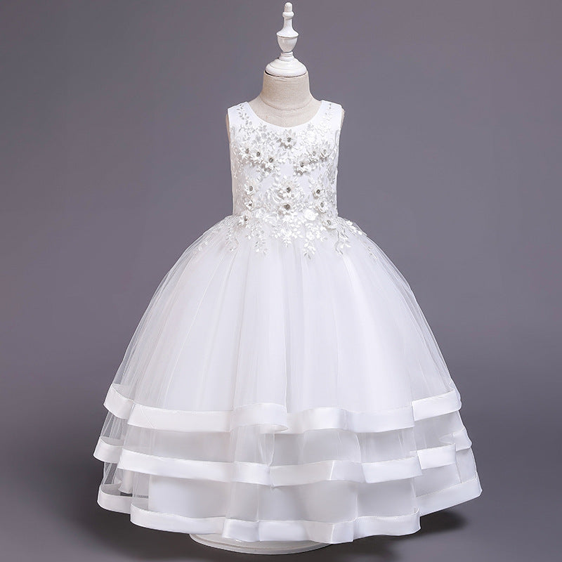 110-160cm Kids Handmade Beaded Lace Wedding Flower Girl Dress Long Satin Performance Princess Dress