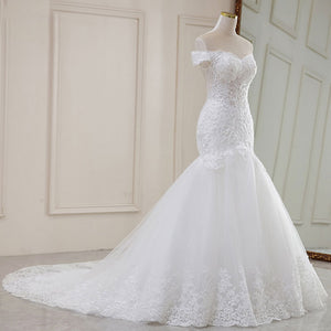White Lace Big Train V Neck French Style Bridal Wedding Dress