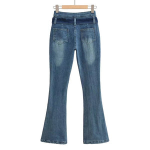 Vintage Elegant High Waist Jeans Belted Flare Denim Pants