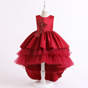 90-140cm Junior Girls Princess Dress Train Embroidered Tiered Performance Dress