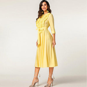 Elegant generous lady wear O neck 3/4 sleeve ruffled bandaged solid color ankle length cotton casual yellow long dress