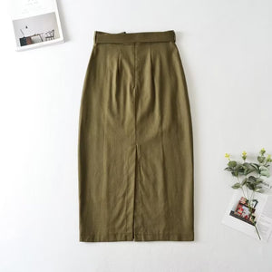 2022 Autumn New Design Cotton Linen Slit Belted Pencil Skirt