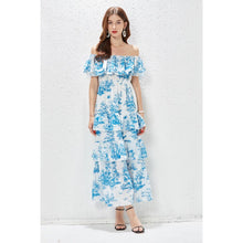 Load image into Gallery viewer, Elegant Mature Vintage Blue Floral Midi Ruffle Tiered Flare Casual Dress
