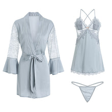 Load image into Gallery viewer, Satin Lace Bra Slip Nightdress Tie Robe Homewear Set
