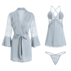 Satin Lace Bra Slip Nightdress Tie Robe Homewear Set