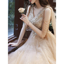 Load image into Gallery viewer, Champagne Tasseled Sequin Embroidery Tulle Evening Dress
