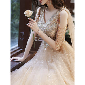 Champagne Tasseled Sequin Embroidery Tulle Evening Dress