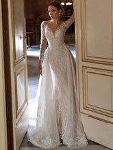 Load image into Gallery viewer, Long Sleeve Deep V Neck Backless Small Train Mermaid Wedding Dress
