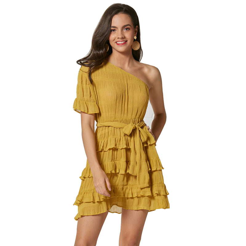 One Shoulder Ruffle Belted Tiered Mini Dress