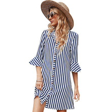 Load image into Gallery viewer, Button Up Striped Midi Blue Casual Shirt Dress
