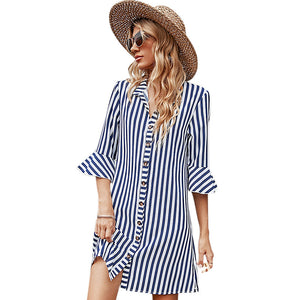 Button Up Striped Midi Blue Casual Shirt Dress