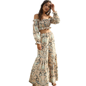 Off Shoulder Long Sleeve Smocking Frilled Bohemian Crop Top High Waist Fashion Print Two Piece Wide Leg Pants