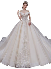 Load image into Gallery viewer, White Off Shoulder Embroidery Applique Fairy Big Train Elegant French Style Wedding Gown
