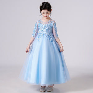 Half Sleeve Long Puffy White Flower Girl Dress