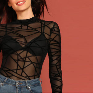 Sexy long sleeve 3 colors transparent sheer mesh nightclub T-shirt top