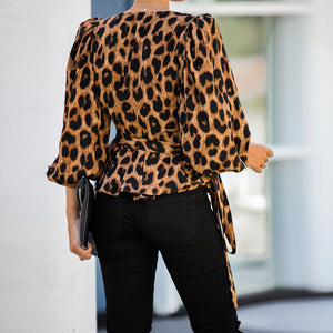 factory wholesale OEM women clothes autumn puff lantern long sleeve deep V neck leopard slim flare blouse with belt