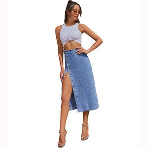 Button Asymmetrical Slit High Waist Midi Denim Skirt