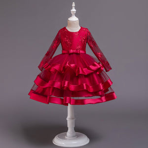 100-150cm Kids Formal Event Princess Dresses Long Sleeve Puffy Tulle Tiered Performance Dress