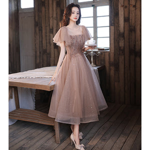 Flare Short Sleeve Sequin Embroidered Princess Bridesmaid Evening Dress