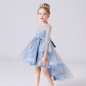 110-160cm Girls Bell Sleeve Long Train Red Princess Event Performance Dress