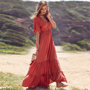 V-Neck Button Front Rayon Maxi Dress Summer Boho Dress