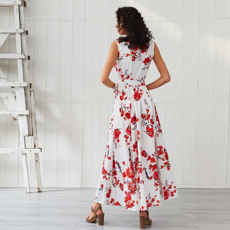 Sleeveless V Neck Belted Maxi Floral Dress