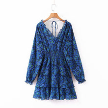 Load image into Gallery viewer, Smocked V Neck Printed Floral Ruffle Mini Casual Dress
