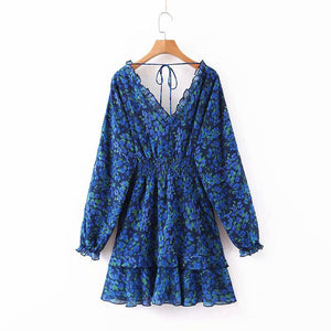 Smocked V Neck Printed Floral Ruffle Mini Casual Dress