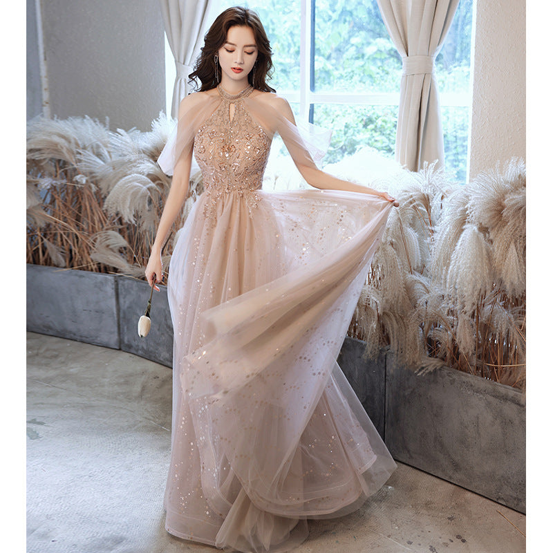 2022 Summer Sequin Embroidered Halter Neck Off Shoulder Champagne Even –  Jasmine Wei Factory Shop