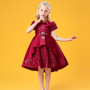 100-150cm Kids Girls Jacquard Train Fancy Dresses Bowtie Collar Princess Short Sleeve Satin Puffy Dress