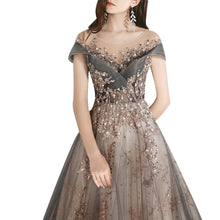 Load image into Gallery viewer, Off Shoulder Overlay Sequin Rhinestone Lace Flare Fancy Event Dress Presenter Performance Evening Dress
