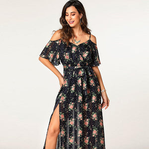 New arrival floral printing spaghetti strap split sexy boho beach holiday casual lady wear summer women long dress with belt