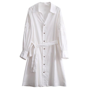 White Long Sleeve Hollow Out Embroidery Slim Shirt Dress