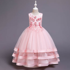 110-160cm Kids Handmade Beaded Lace Wedding Flower Girl Dress Long Satin Performance Princess Dress