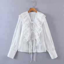 Load image into Gallery viewer, 2022 Autumn New Design Two Colorway Ruffle Tiered Tie Shirt Blouse
