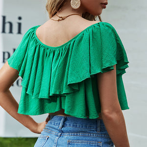 Solid Round Neck Ruched Asymmetrical Crop Sexy Short Blouse Top