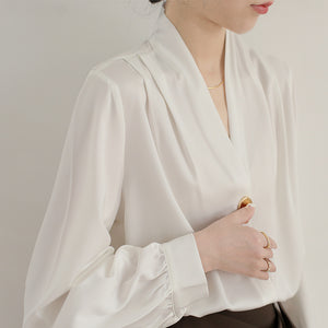 Elegant V Neck Satin Draped Slim Blouse