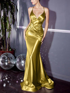 Slim Gold Backless Mermaid Long Spaghetti Strap Evening Dress