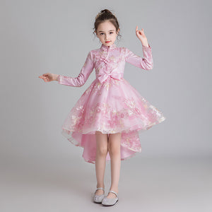 110-160cm Children Long Sleeve Autumn Ethnic Style Chinoiserie Cheongsam Tulle Princess Dress Junior Performance Dress