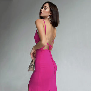 Spaghetti Backless V Neck Sexy Pink Slim Slip Casual Dress