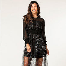 Load image into Gallery viewer, hot puff lantern long sleeve sequin tulle contrast chiffon autumn dress ladies round neck trendy dress
