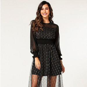 hot puff lantern long sleeve sequin tulle contrast chiffon autumn dress ladies round neck trendy dress