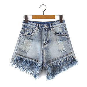 High Waist Destressed Tassel Denim Shorts