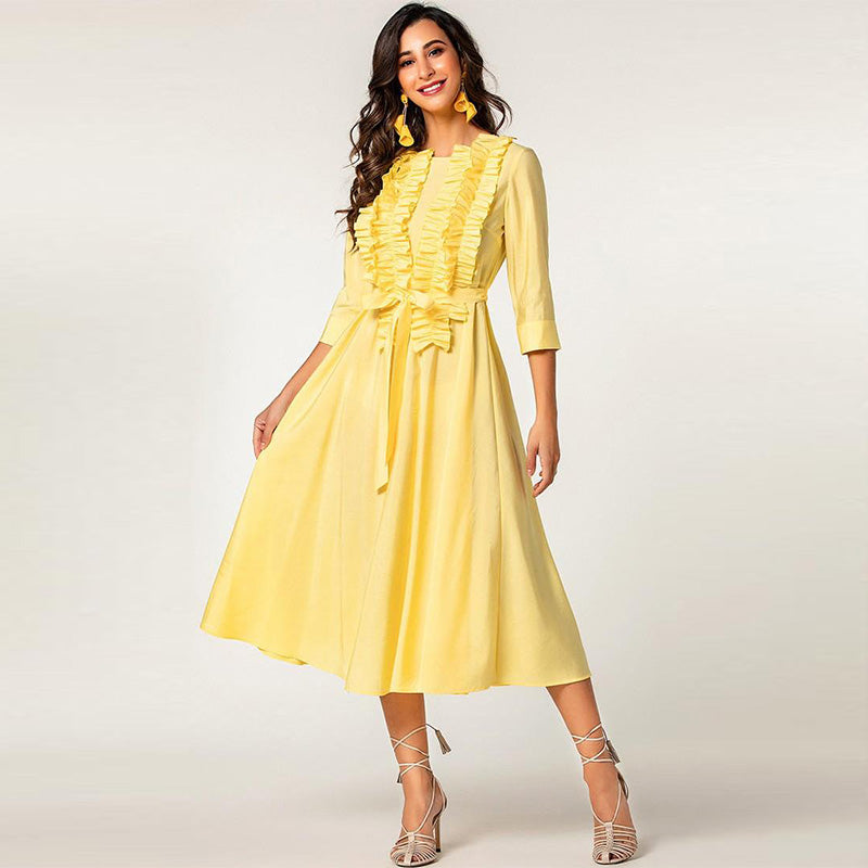 Elegant generous lady wear O neck 3/4 sleeve ruffled bandaged solid color ankle length cotton casual yellow long dress