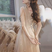 Load image into Gallery viewer, Champagne Tasseled Sequin Embroidery Tulle Evening Dress

