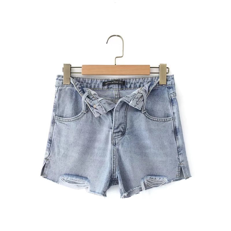 Side Slit Destressed Raw Hem Denim Shorts