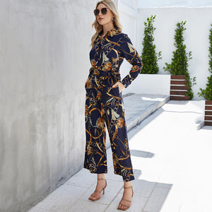 2022 Autumn Wide Leg Printed Shirt Style Jumpsuit